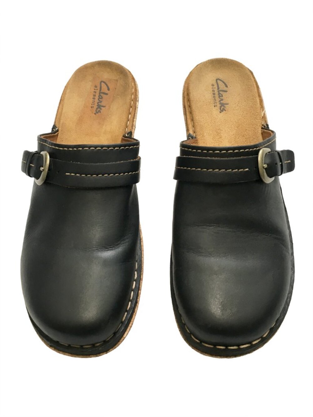 Clarks Women's Black Leather Cork Clogs Size 9 1/2